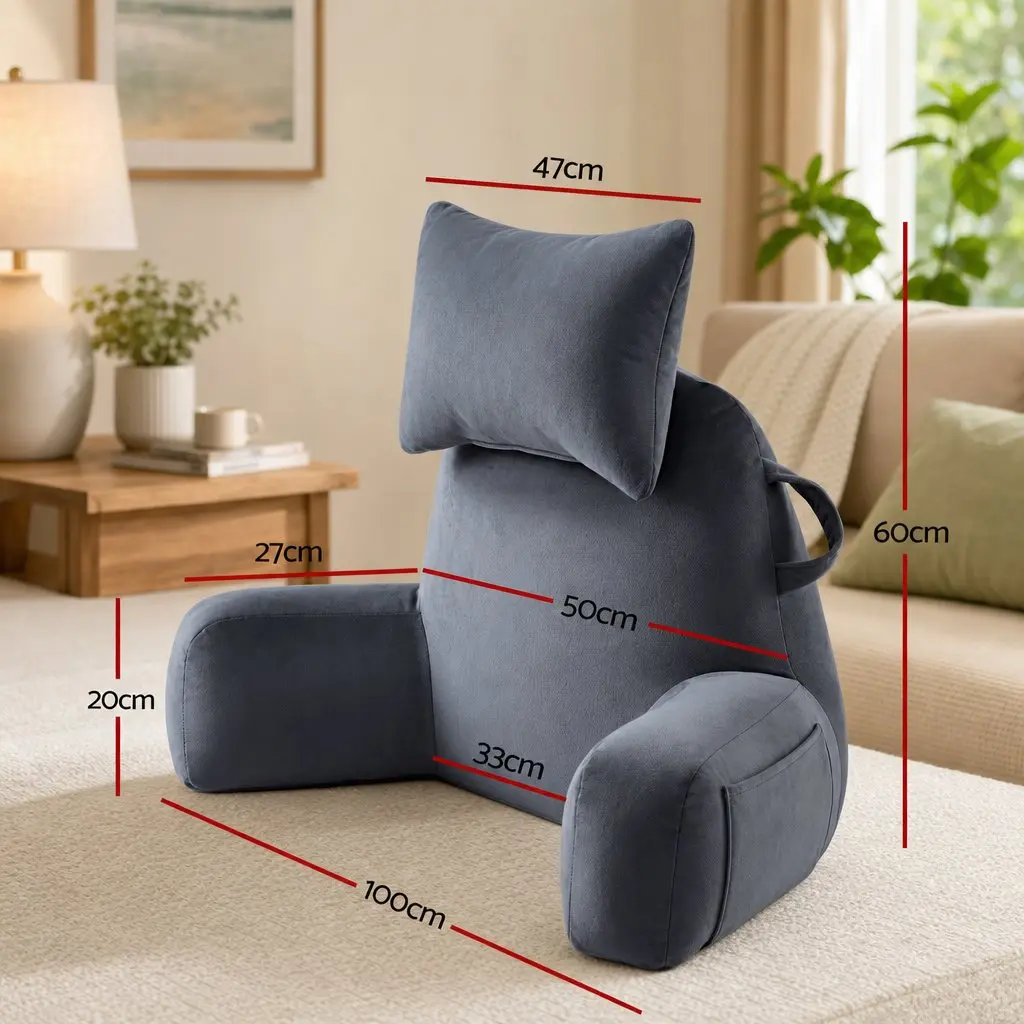 Reading Pillow with Detachable Neck Roll Armrests Back Support Grey