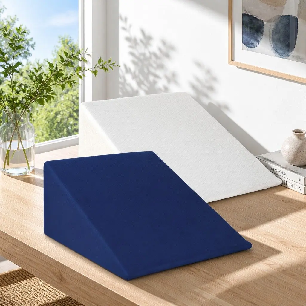 Bed Wedge Pillow Memory Foam Back Support Elevate Upper Body Legs Blue White