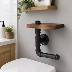 Floating Toilet Paper Holder Pipe Shelf Brown Industrial Bathroom Storage
