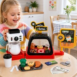 Kids Coffee Shop Pretend Play Set Toy with Coffee Maker Machine Play Money Food