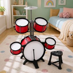 Kids 7 Drum Set Junior Musical Instrument Play Toy Drums Stool Drumsticks Red