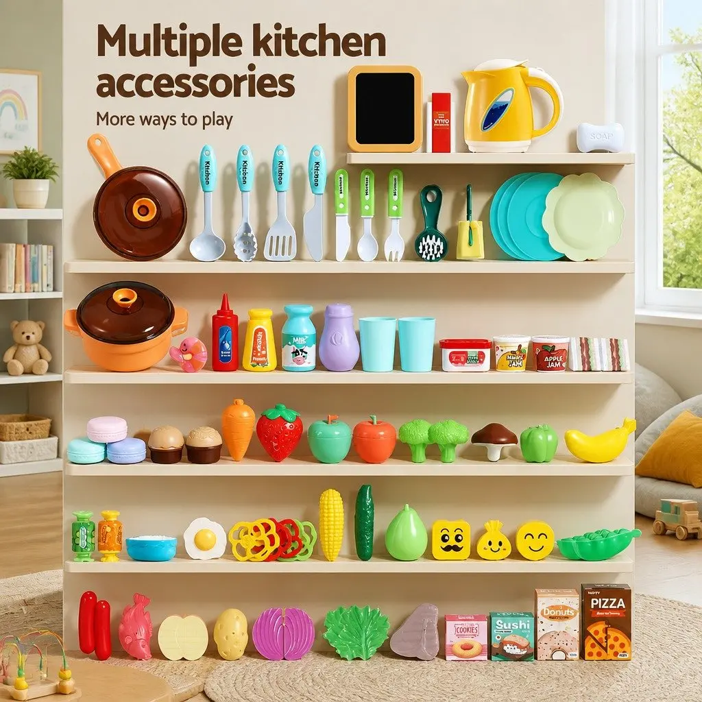 Kids Pretend Play Kitchen Set Electronic Stovetop Play Sink 73 Piece Multicoloured