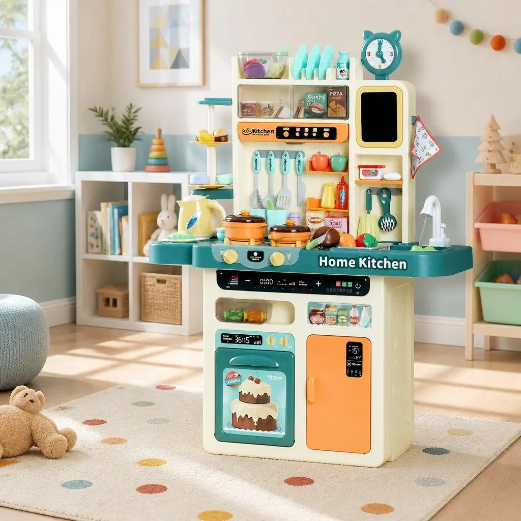 Kids Pretend Play Kitchen Set Electronic Stovetop Play Sink 73 Piece Multicoloured