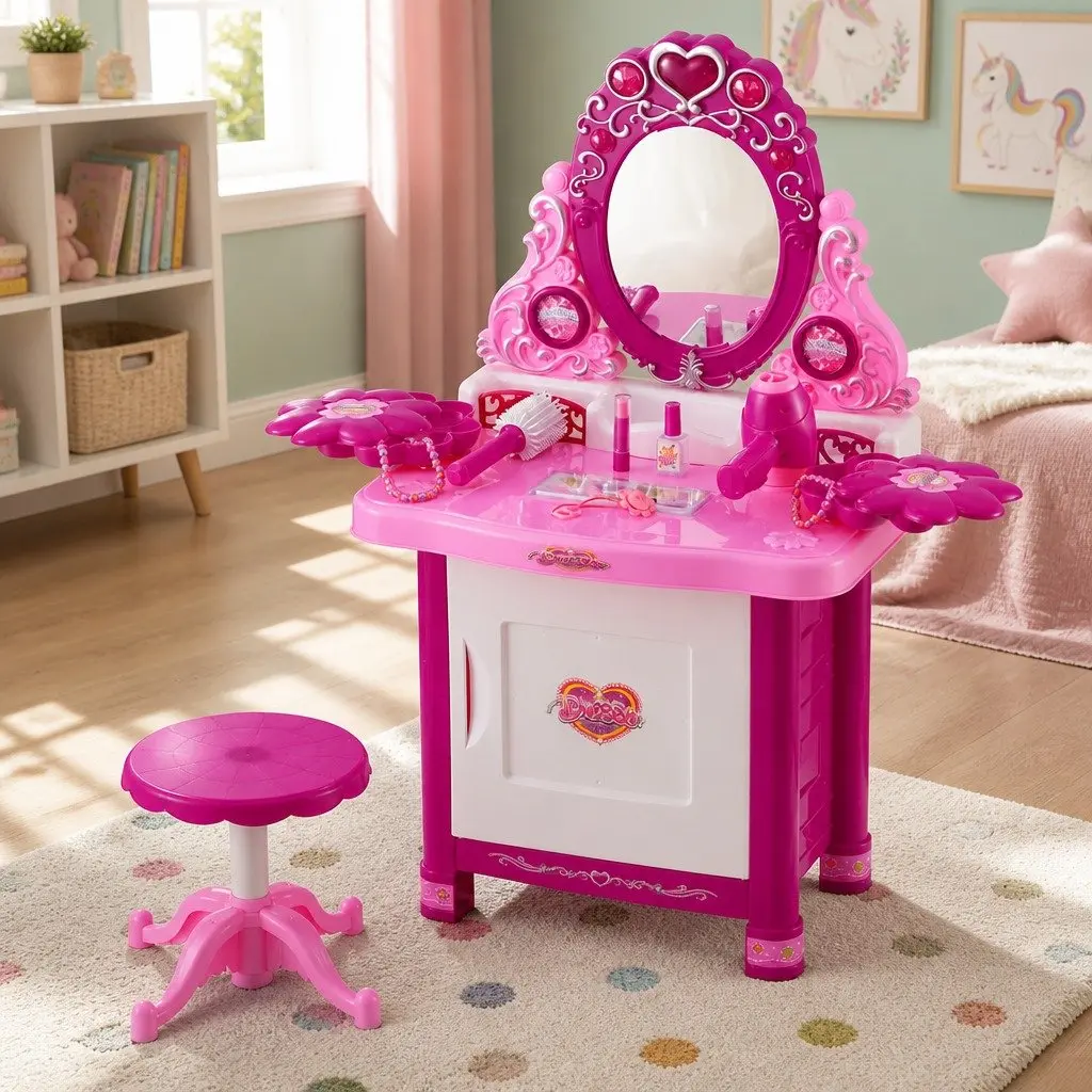 Kids Pretend Play Makeup Dressing Table Vanity Set with Chair Pink Plastic 60x32x75cm