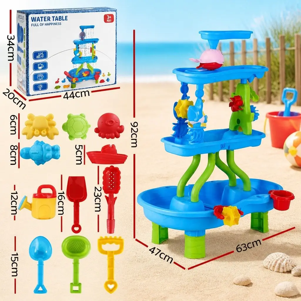 Kids Sand and Water Table 4-Tier Waterfall Sandpit Play Set Beach Toys Shovel