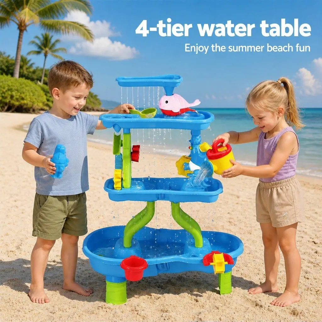 Kids Sand and Water Table 4-Tier Waterfall Sandpit Play Set Beach Toys Shovel