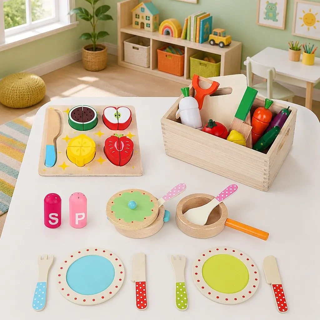 Kids Wooden Kitchen Play Set Pretend Cooking Toys 29-Piece Food Utensils Pots