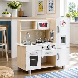Kids Wooden Kitchen Play Set Pretend Cooking Toys with Clock Phone Ice Maker
