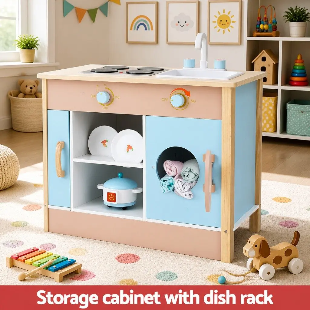Kids Wooden Pretend Kitchen Play Set Cooking Toys Oven Dishwasher Accessories