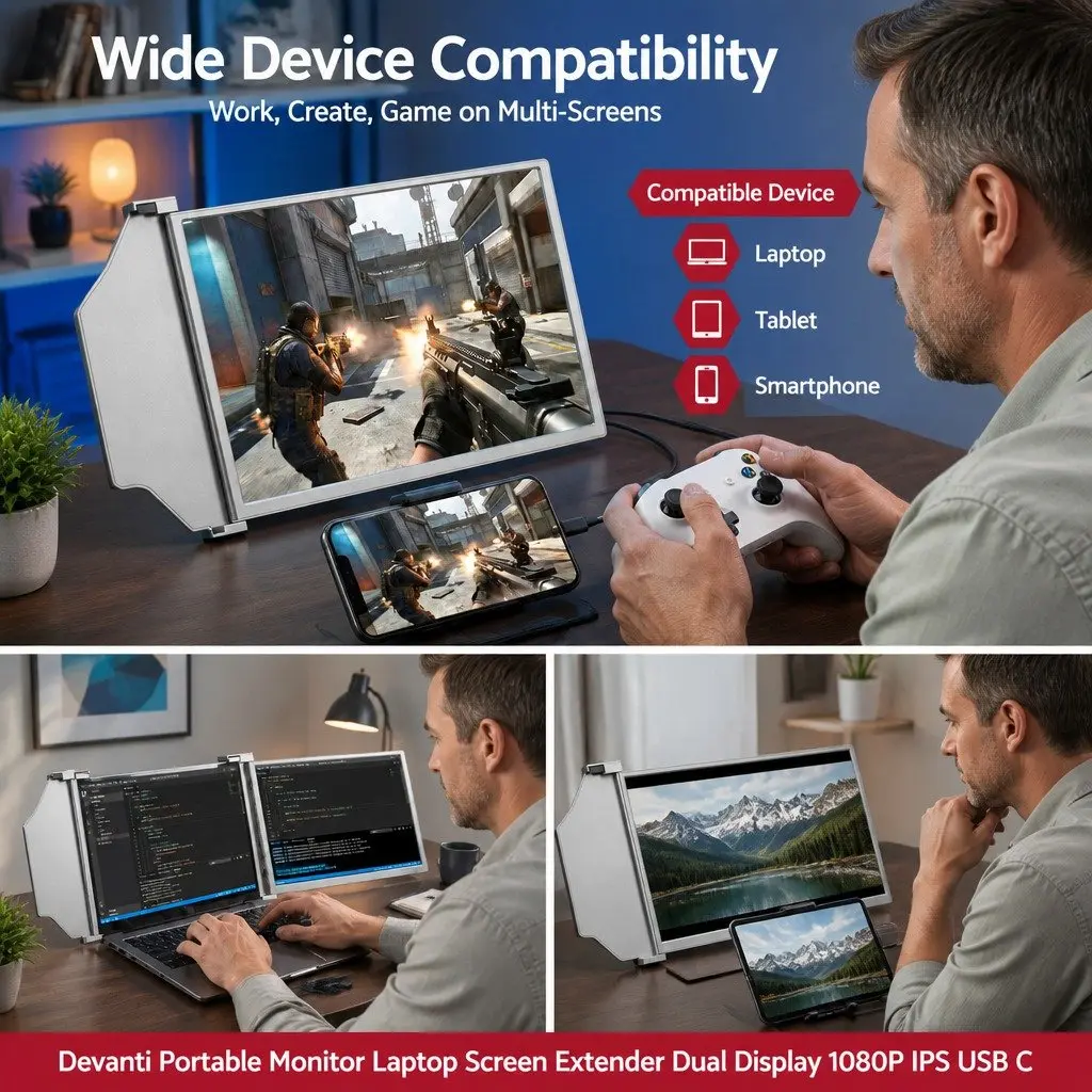 14 Inch Portable Monitor Laptop Screen Extender 1080P IPS USB-C Dual Display