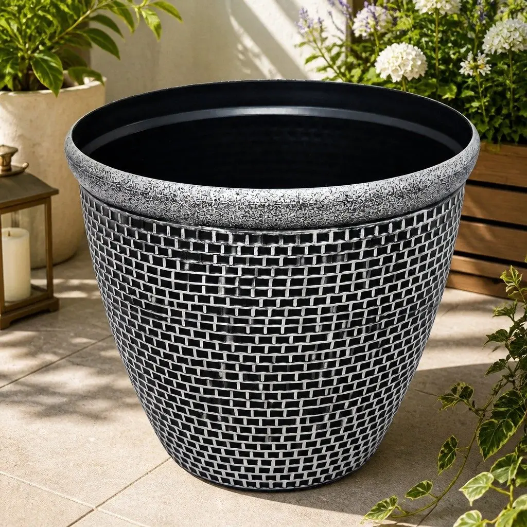 Plastic Plant Pots Set 2 Pcs 30cm Brick-Texture Weather Resistant Black Grey