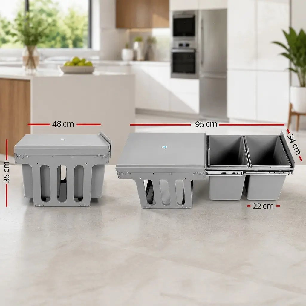 Pull Out Bin Double Basket 15L Grey Kitchen Waste Cabinet Storage Sliding