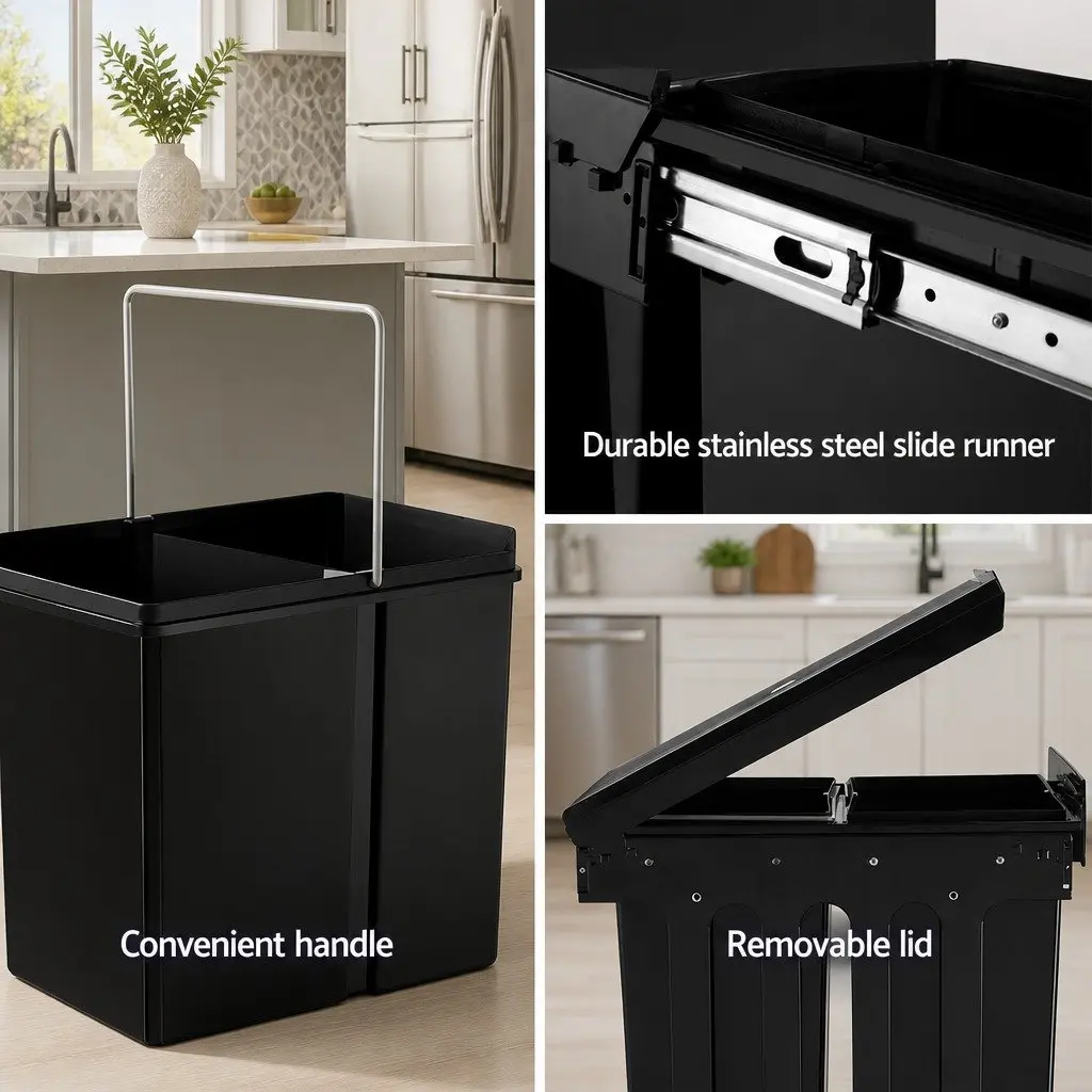 Pull Out Bin Kitchen Double Basket 15L Black Under Bench Waste Organizer