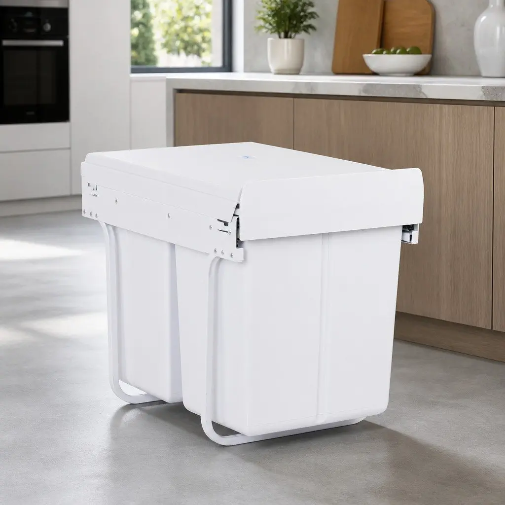 Pull Out Bin Kitchen Double Basket 2x20L Under Bench Waste Organizer White