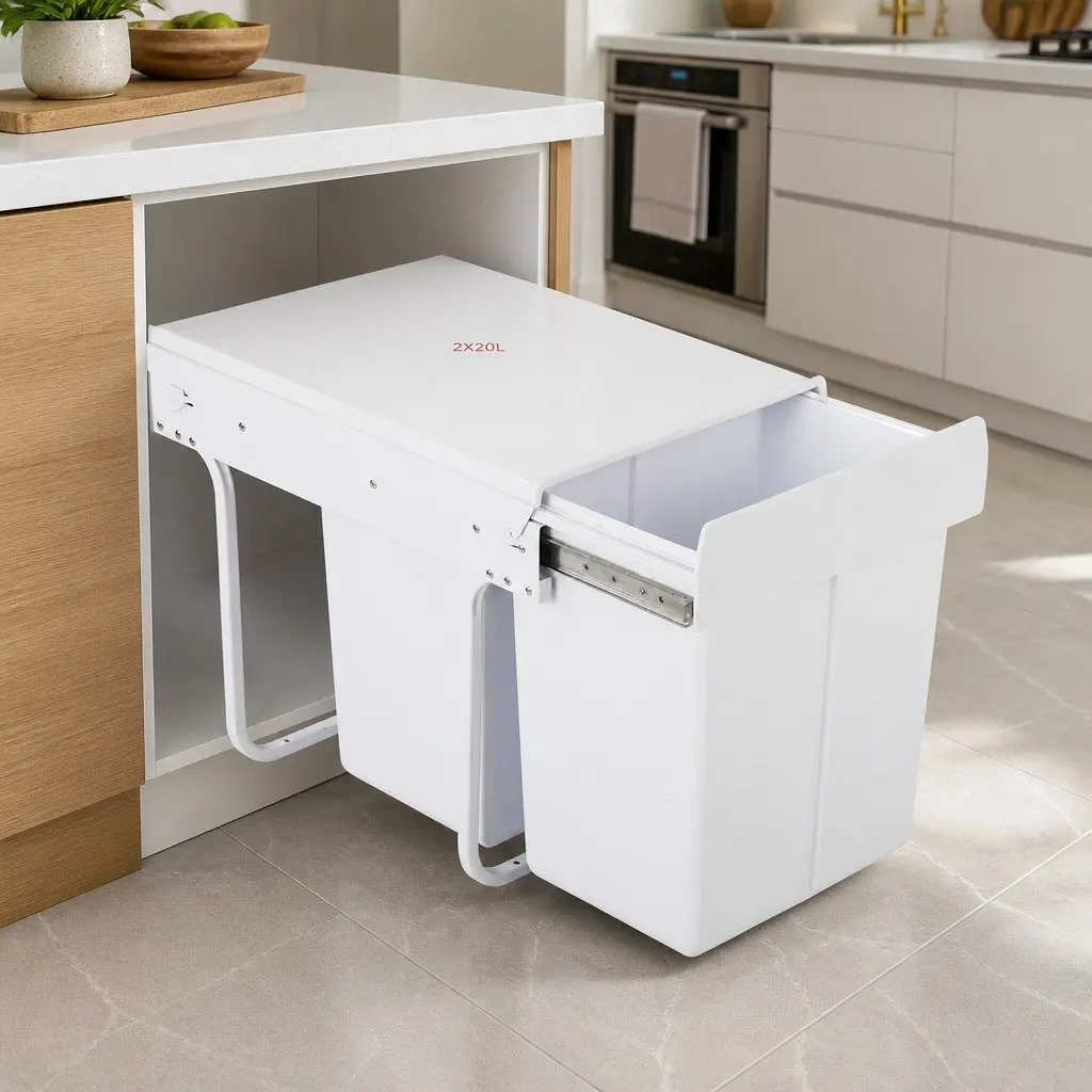 Pull Out Bin Kitchen Double Basket 20L Under Bench Waste Organizer White