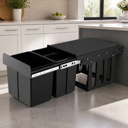 Pull Out Bin Kitchen Triple Slide Garbage Rubbish Waste Basket Black 31L