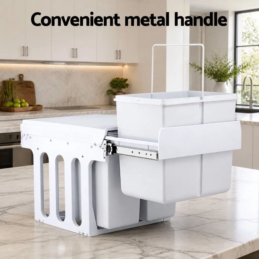Pull Out Bin Kitchen Triple Slide Garbage Waste Bins 31L White