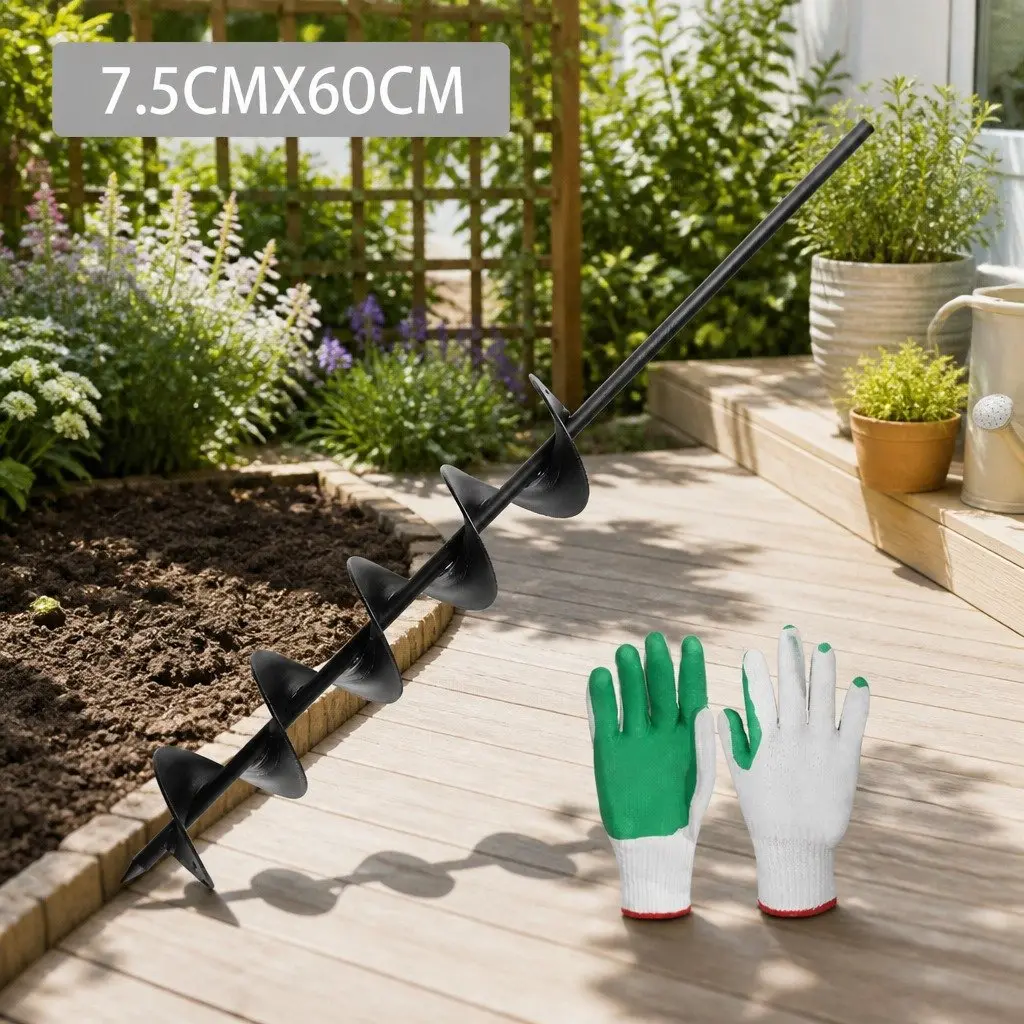 Power Garden Auger Drill Bit Heavy Duty Steel 75mm x 600mm Black Soil Auger