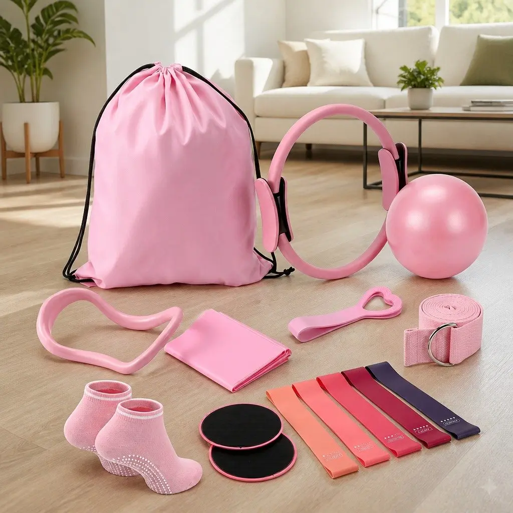 Pilates Ring Set 15 Piece Home Workout Kit with Yoga Ball Resistance Bands Pink or Purple