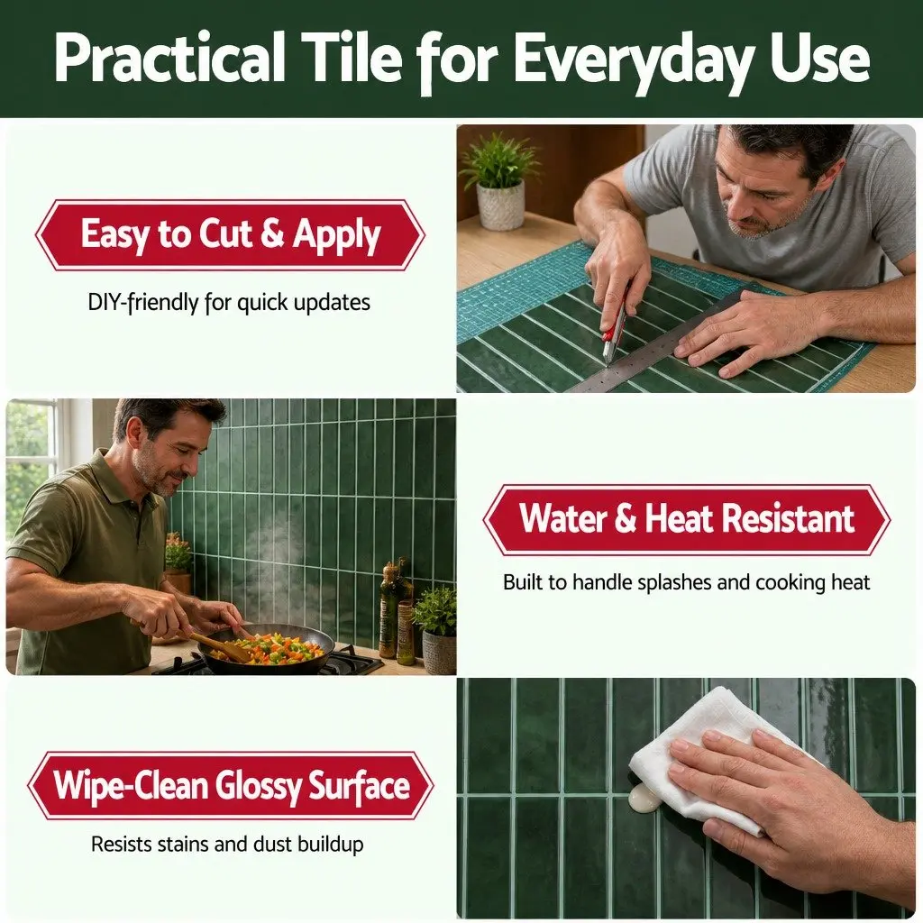 3D Peel and Stick Wall Tiles Self Adhesive LinearGrid Subway Backsplash Green 30.5cm Vinyl Waterproof Heat Resistant