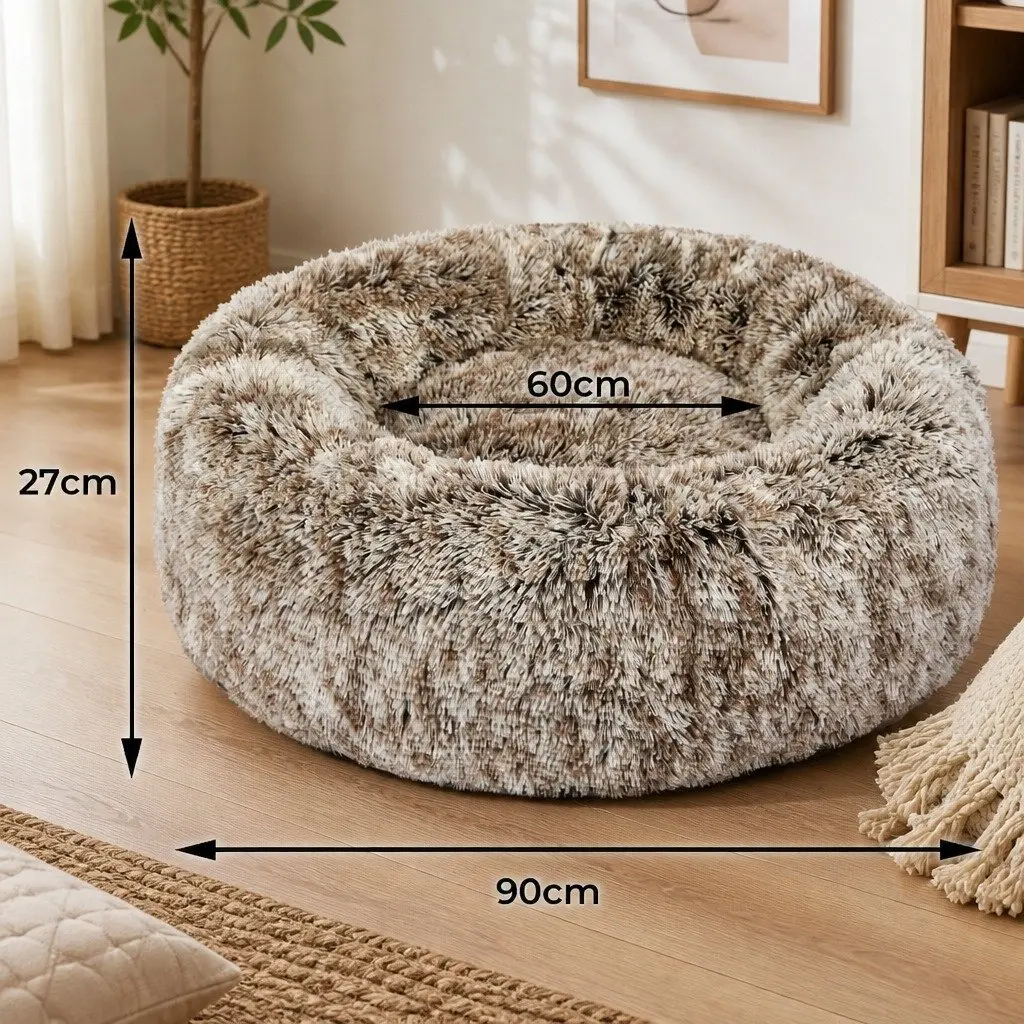 Pet Bed Donut Nest Calming Large Plush Cushion Brown