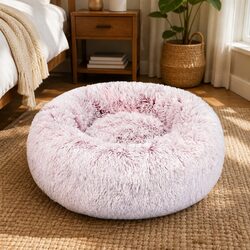 Pet Bed Cat Dog Donut Nest Calming Large Raised Rim Plush Comfort Anxiety Relief