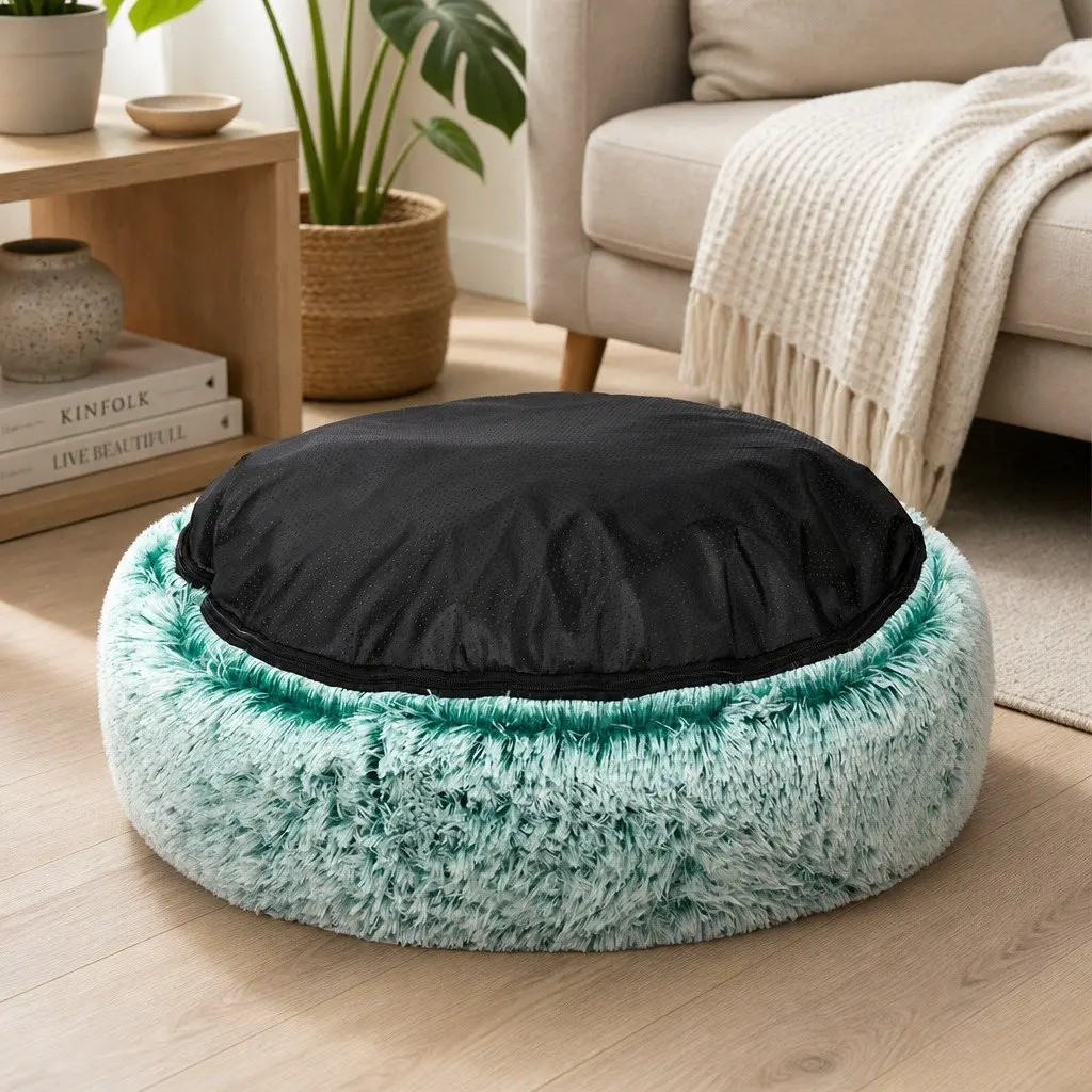 Pet Bed Cat Dog Donut Nest Calming Large Plush Comfort Raised Rim Non-Slip