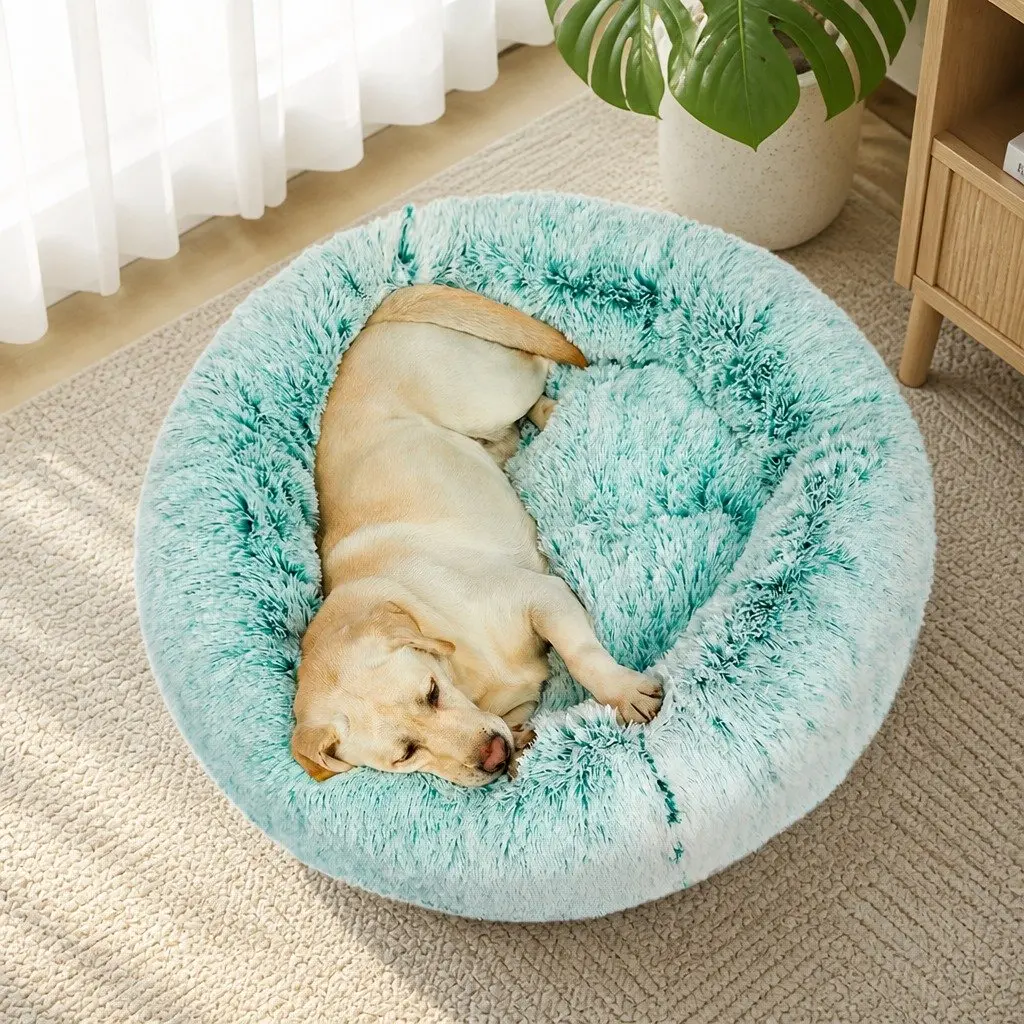 Pet Bed Cat Dog Donut Nest Calming Large Plush Comfort Raised Rim Non-Slip