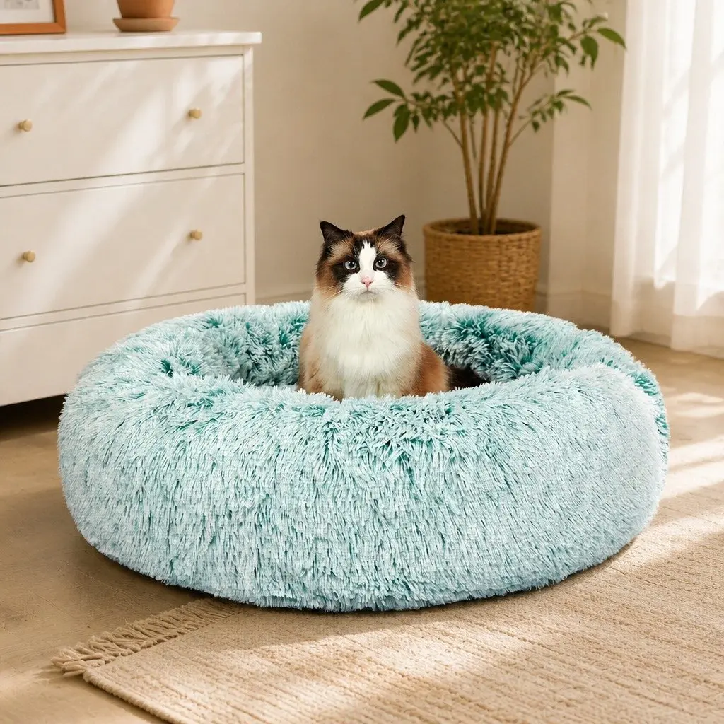 Pet Bed Cat Dog Donut Nest Calming Large Plush Comfort Raised Rim Non-Slip