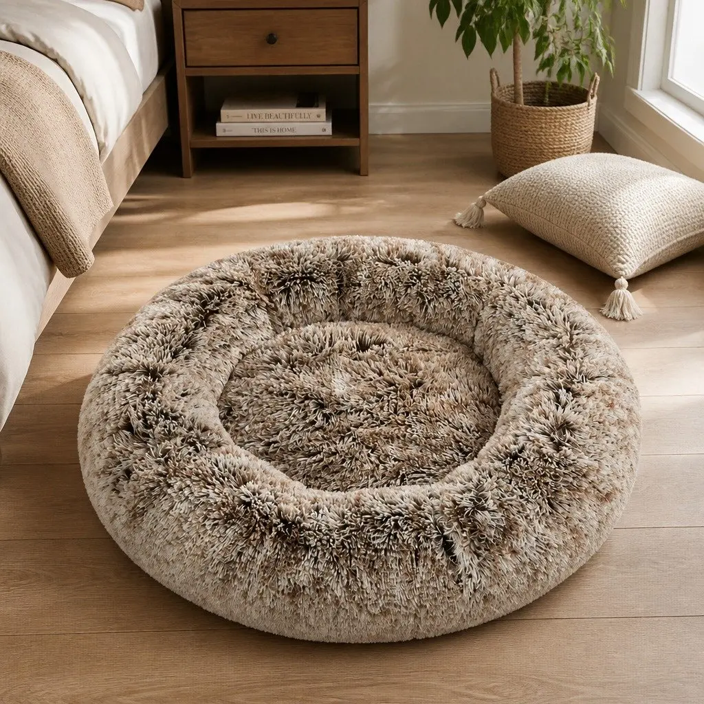 Pet Bed Donut Nest Calming M Brown Medium Raised Rim Non-Slip Bottom Removable