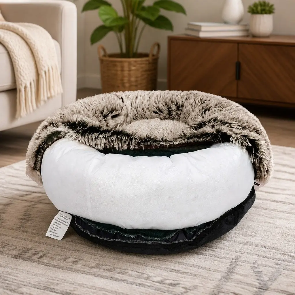 Pet Bed Donut Nest Calming M Brown Medium Raised Rim Non-Slip Bottom Removable