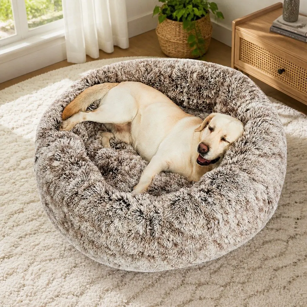 Pet Bed Donut Nest Calming M Brown Medium Raised Rim Non-Slip Bottom Removable