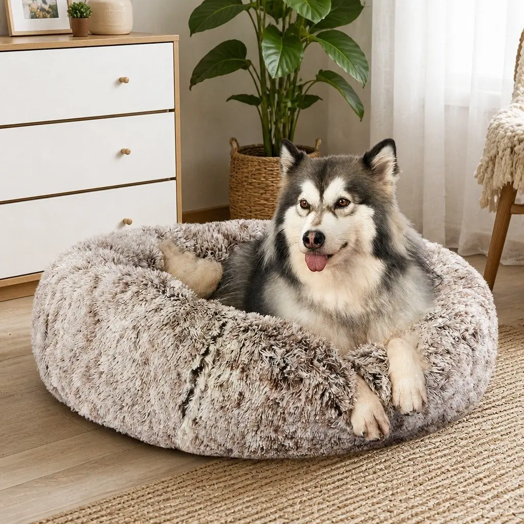 Pet Bed Donut Nest Calming M Brown Medium Raised Rim Non-Slip Bottom Removable