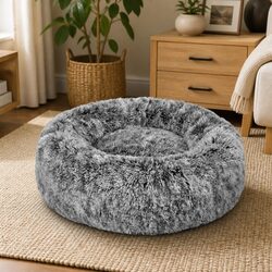 Pet Bed Donut Nest Cat Dog Calming Medium Charcoal Raised Rim Plush Comfort