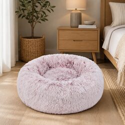 Pet Donut Bed Calming Nest Cat Dog Medium Pink Plush Comfort Anxiety Relief
