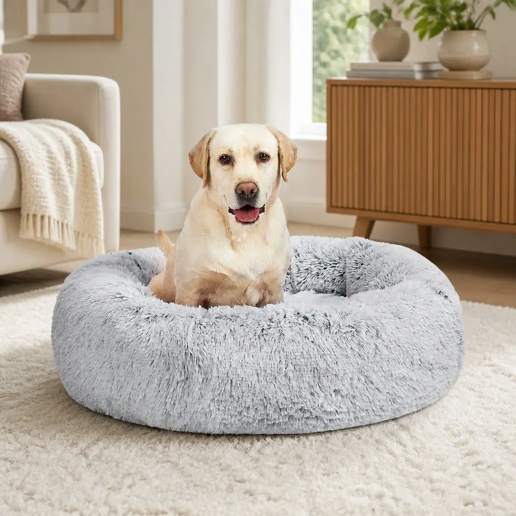 Replaceable Dog Bed Cover Medium Charcoal Donut-Shaped Pet Calming Nest Plush