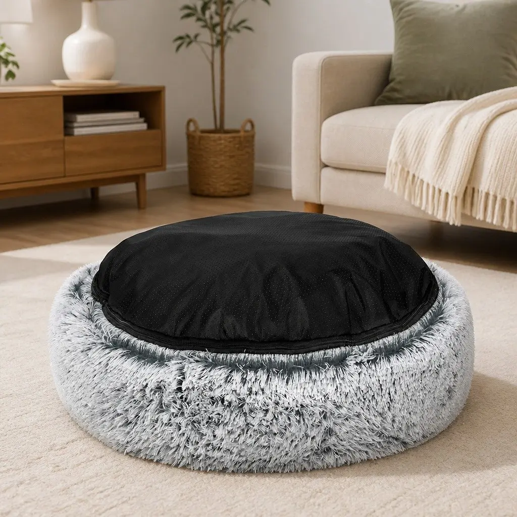 Replaceable Dog Bed Cover Medium Charcoal Donut-Shaped Pet Calming Nest Plush