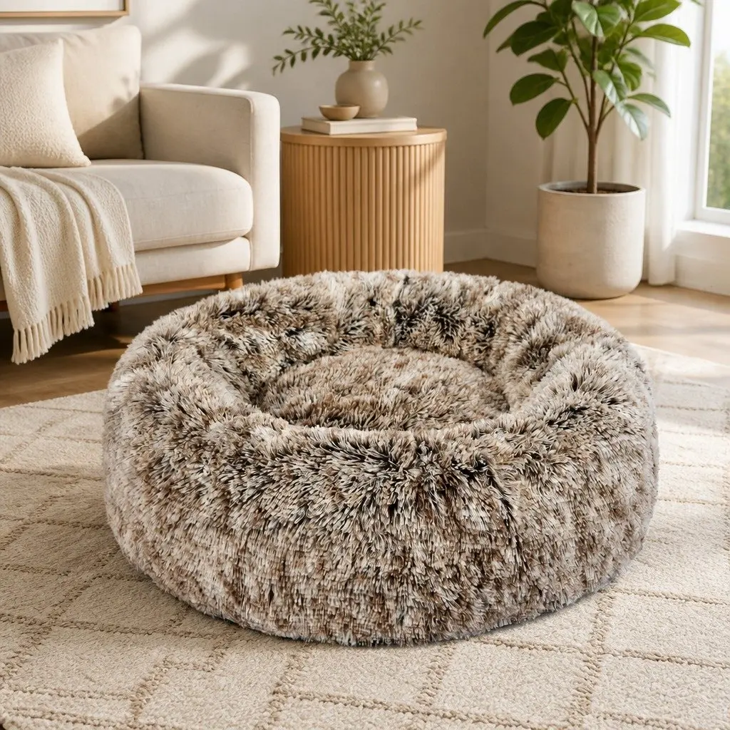 Pet Bed Donut Shape Calming Nest XL Plush Brown Non-Slip Bottom