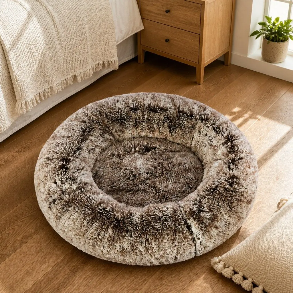 Pet Bed Donut Shape Calming Nest XL Plush Brown Non-Slip Bottom