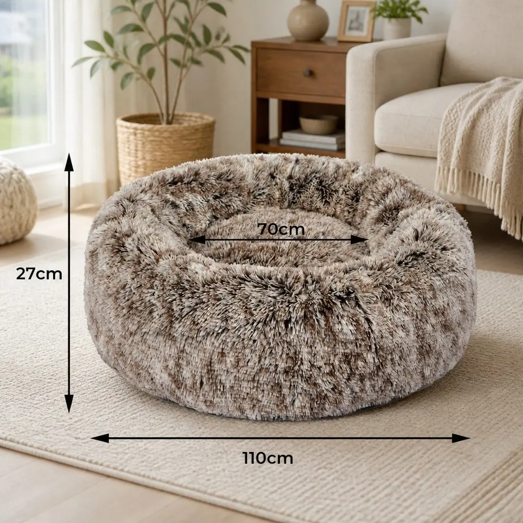 Pet Bed Donut Shape Calming Nest XL Plush Brown Non-Slip Bottom