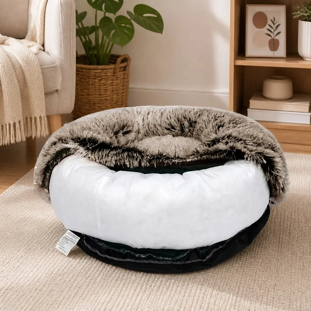 Pet Bed Donut Shape Calming Nest XL Plush Brown Non-Slip Bottom