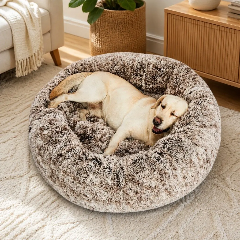 Pet Bed Donut Shape Calming Nest XL Plush Brown Non-Slip Bottom