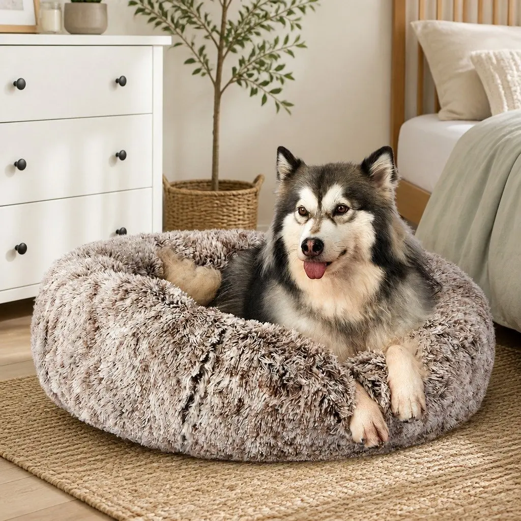 Pet Bed Donut Shape Calming Nest XL Plush Brown Non-Slip Bottom