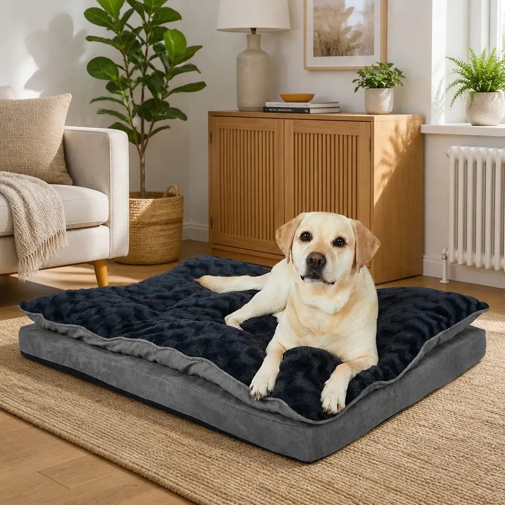 Dog Calming Bed XL Memory Foam Pet Mattress Soft Plush Washable Cover Grey