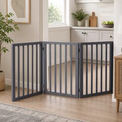 Wooden Pet Gate Foldable Dog Fence Free Standing Indoor Barrier Safety Grey