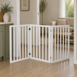 Wooden Pet Gate Dog Fence Foldable Free Standing Barrier White Grey Black