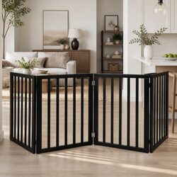 Pet Gate 4 Panels Wooden Foldable Dog Fence Barrier Indoor Outdoor Playpen Black