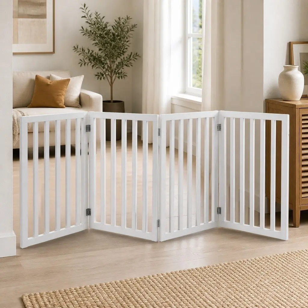 Wooden Pet Gate Foldable Playpen Barrier 185cm White