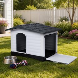 Dog Kennel Outdoor Indoor Plastic House Pet Shelter Large Grey Ventilation
