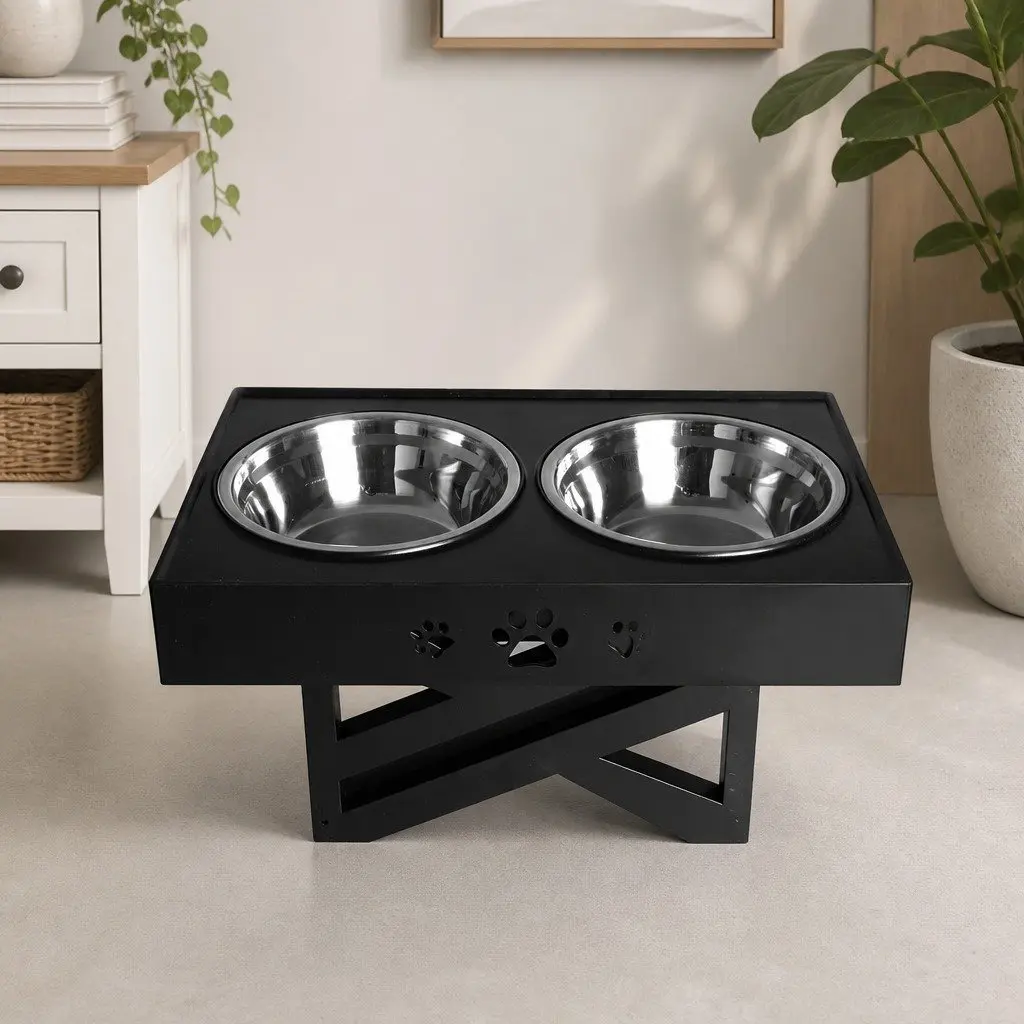 Elevated Pet Feeder Adjustable Height Stainless Steel Bowls Black